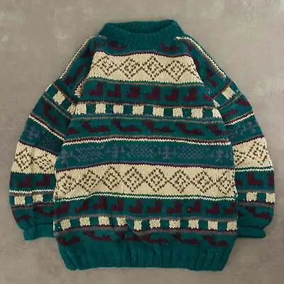 Vintage 80s Ecuadorian Hand Knitted Jumper XL Wool Men's Teal • $60.64