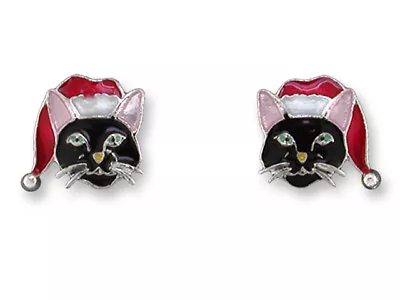 Zarah Zarlite Petite Holiday Santa Cat Post Earrings Enamel Sterling SilverPlate • $25.99