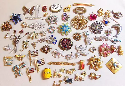 Lot Of 63 All Vtg Rhinestone Gold Silver Tone Figural Enamel Signed Brooches Pin • $48