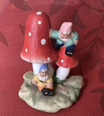 Vintage Garden Gnomes On Toadstool - Hand Painted • £18