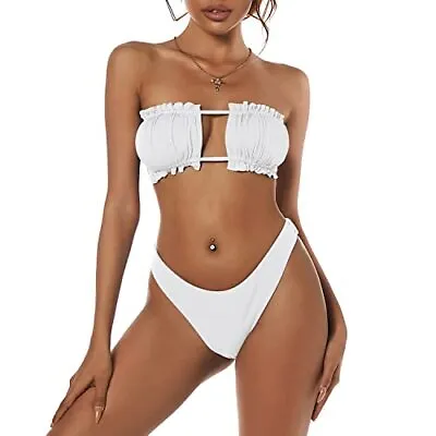 $7.99 • Buy ZAFUL Womens Strapless Bikini Ribbed Tie Back Ruffle Cutout Bandeau Bikini Set