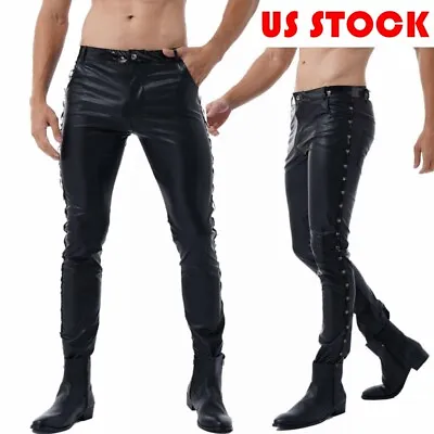 Men Gothic Punk Pants Motor Biker Tights Wet Look Leather Long Trousers Clubwear • $21.61