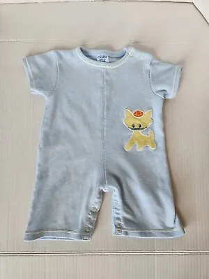 Vintage Carters Baby Clothing Jumper Outfit Romper Blue Pinstripes Cat Yellow  • $22