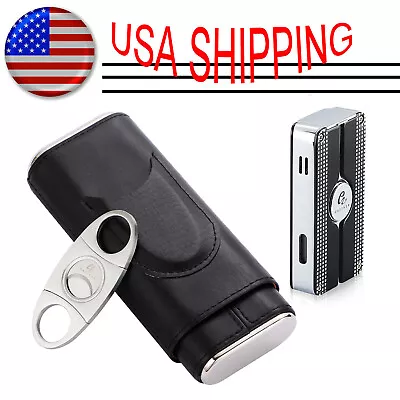 Galiner Cedar Leather Holder 3 Tube Travel Cigar Case Cutter Torch Lighter Black • $41.35