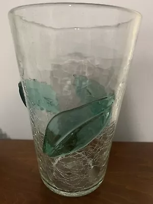 Blenko Vase Crackle Glass Clear With Green Leaves 9.5  • £28.94