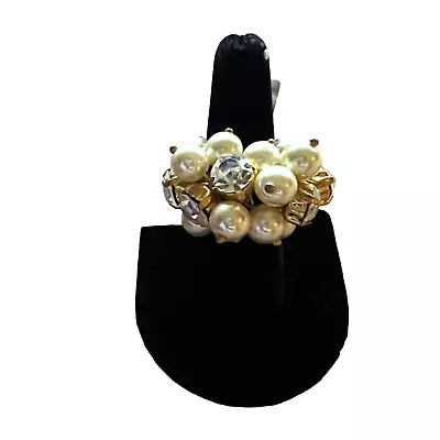 J. Crew Pearl Crystal Rhinestone Gold Tone Cluster Chunky Cocktail Ring Medium • $19