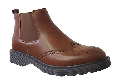 Mens Stylish Brogue Faux Leather Twin Gusset Slip On Chelsea Ankle Boots Shoes • £27.99