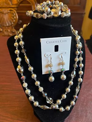 Charter Club Pearl Tower Gray Beaded Necklace Bracelet Earrings $113 NWT • $45