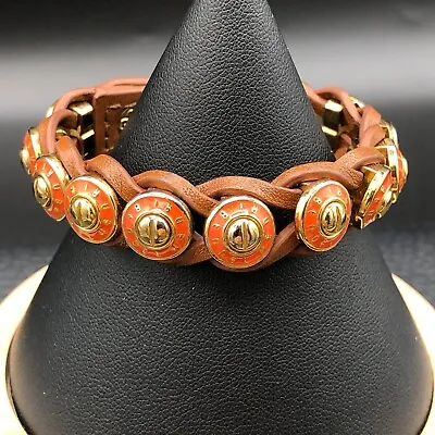 Henri Bendel Orange Rivet Wrap Bracelet Gold Tone Hobnails Soft Braided Leather • $49.85