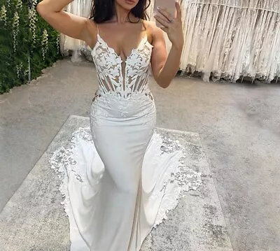 V-neck Mermaid Wedding Dresses Spaghetti Straps Appliqued Lace Bridal Gowns • $146.90