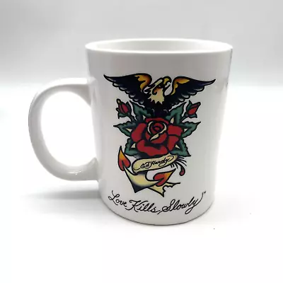 EUC 2008 Ed Hardy 'Love Kills Slowly' Skull & Crossbones Eagle Roses White Mug • $16.80