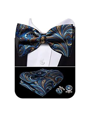 Mens Bow Tie Blue Gold Brown Paisley Pre-Tied Designer Bowties Set Pocket Squ... • $24.42