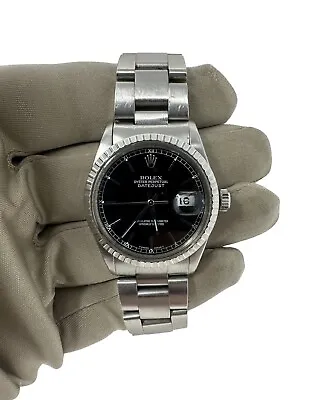 Rolex DateJust 16030 Mens Stainless Steel Watch Black Dial Engine-Turned Bezel • $4350