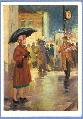 V.Panov 1955 Russian Postcard WOMAN UMBRELLA MAN FLOWERS Rain Evening Subway Stn • $7.35