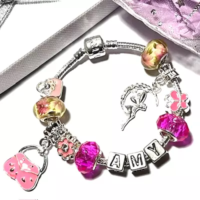 Personalised Charm Bracelet Bag Moon-Fairy Flower Letter Name Charms Gift Boxed • £14.20