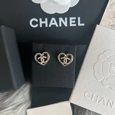 Authentic Chanel Crystal CC Heart Stud Earrings Gold Tone 23C • $320