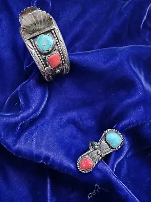 Men's Native American Watch Bracelet & Matching Ring Turquoise & Coral • $200