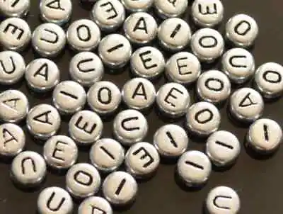 100pcs 7mm Flat Round Silver Colour Vowel Letters Acrylic Alphabets Beads • £2.49