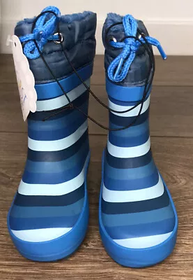 Boys Kids Blue Striped Borg Lined  Wellington Boots UK Size 4  Infants NEW • £9.99