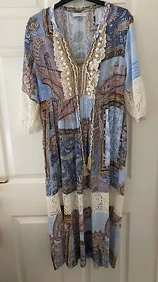 Exc. Condition Womans Boho Multi Print/Lace Maxi Dress Size L 16/18 • £35