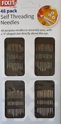 48 Self Threading Sewing Needles V Shape Eye Stiching All Purpose Assorted Sizes • £2.75