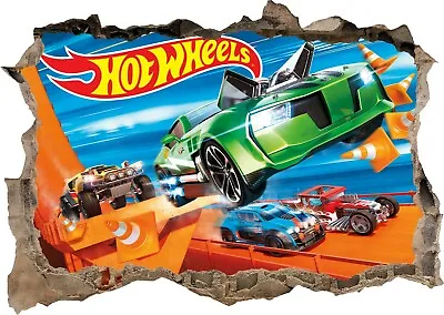 Hot Wheels Toys Cars Kids Boys 3d Smashed Wall View Sticker Poster Mural Z 758 • £10.95
