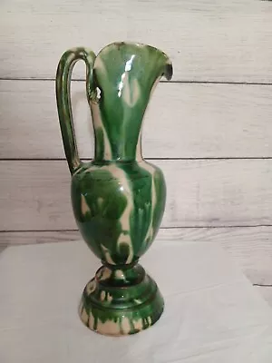 VTG Oaxaca Mexican Pottery Drip Glazed 10  Pitcher Hand Thrown Vase Green Swirl • $30.75