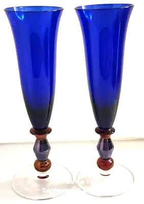 Mikasa Estate Pattern Cobalt Blue Drink 2 Fluted Champagne Glass Beaded Stem • $44