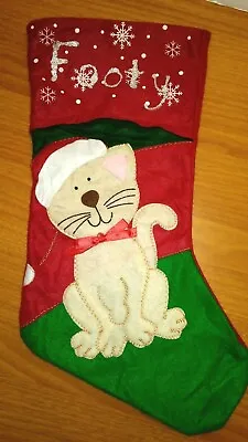 Handmade Cat Kitten Christmas Stocking Red Green Felt Vintage 1990s • $10.30