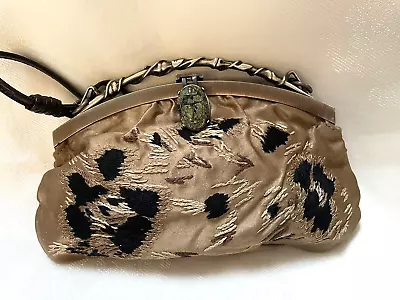 VTG Valentino Garavani Bag Scarab Closure Silk Embroidery Brown Gold Rare Beauty • $425