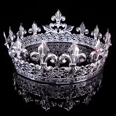 Men's Imperial Medieval Fleur De Lis Silver King Metal Crown 8.5cm Tall 57cm Cir • $16.52