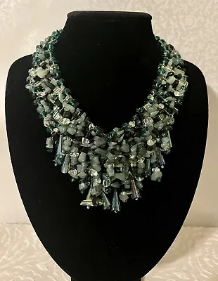 $14 • Buy Zara Necklace Statement Bib Style Beaded Green Beaded Necklace