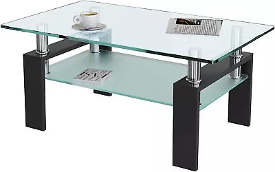 Rectangle Glass Coffee Table-Modern Center Side Coffee Table With Lower Shelf • $101.05