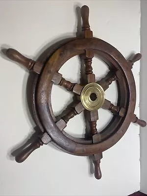 Vintage Antique Wooden Ship's Wheel Small 18  Brass Nautical Maritime Bar  • $69.95