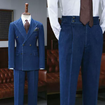 Vintage Double Breasted Blue Denim Men Suits Jacket Pants  Wedding Blazer Tuxedo • $84.79