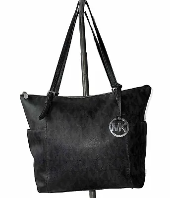 Michael Kors Shoulder Tote Coated Canvas Leather Straps Jet Set Top Zip EUC • $19.60