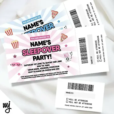 Personalised Sleepover Slumber Party Ticket Style Invitations | Perforated Stubs • £10.99