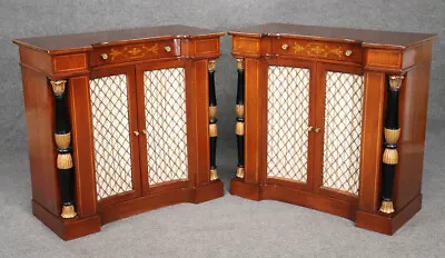 Rare Pair Brass Inlaid Mahogany English Regency Foyer Cabinets Commodes • $3555