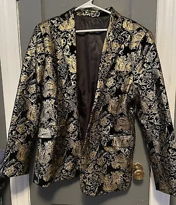 Mens Blazer Embroidered Black & Gold Long Sleeve Blazer Slim Fit Size Larg PROM? • $27.77