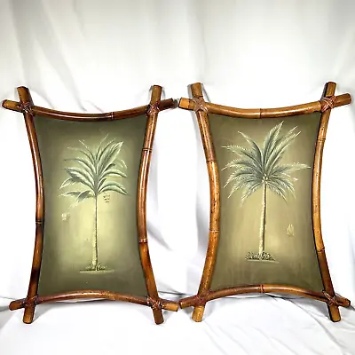 Vintage MCM Adirondack Palm Tree Oil Paintings Bamboo Frames Tiki Art Decor Pair • $299.97