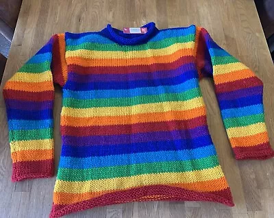 HAND KNITTED RAINBOW STRIPES JUMPER By TIGER MOUNTAIN Size SMALL • £25