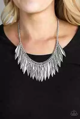 Paparazzi   The Thrill-Seeker  Flared Silver Dagger Fringed Statement Necklace • $3.50