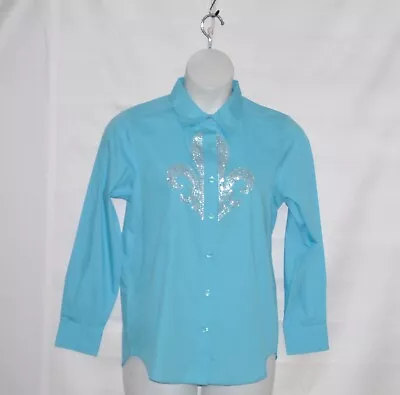 Quacker Factory Fleur De Lis Rhinestone Shirt Size 1X Blue • $13.99