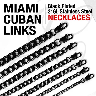 Black Plated Stainless Steel 316L Miami Cuban Links Necklaces Men Women 14 -48  • $17.50