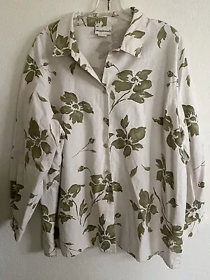 Vtg Appleseed’s Womens Leaf Print Long Sleeve Cotton Linen Shirt Roll Tab USA • $16