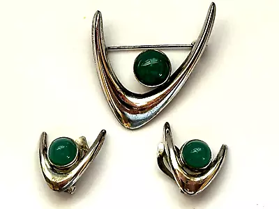 Vtg AJ Arne Johansen Denmark 925S Sterling Green Brooch Earrings Set Modernist • $24.99