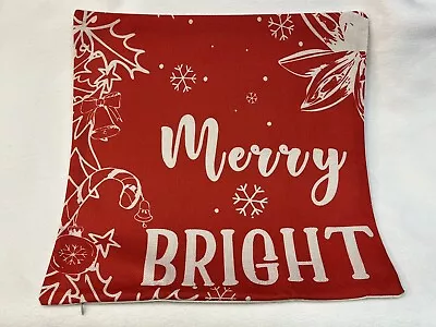 Merry & Bright Red Christmas Linen Throw Pillow Cover Winter Holiday Decor 18” • $15.95