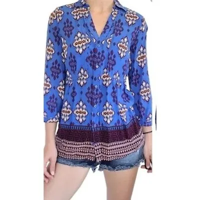 Maeve Anthropologie Shirt Womens 6 Blue And Burgundy Woodland Walk Tribal Top • $29.99