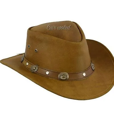 £19.64 • Buy Australian Western Style Tan Bush Hat Leather Cowboy With Leather Band Concho 
