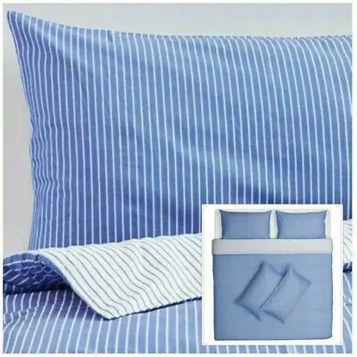 IKEA Rodnarv King Size Duvet Cover & 4 Pillowcases White & Blue Striped Bedding • £48